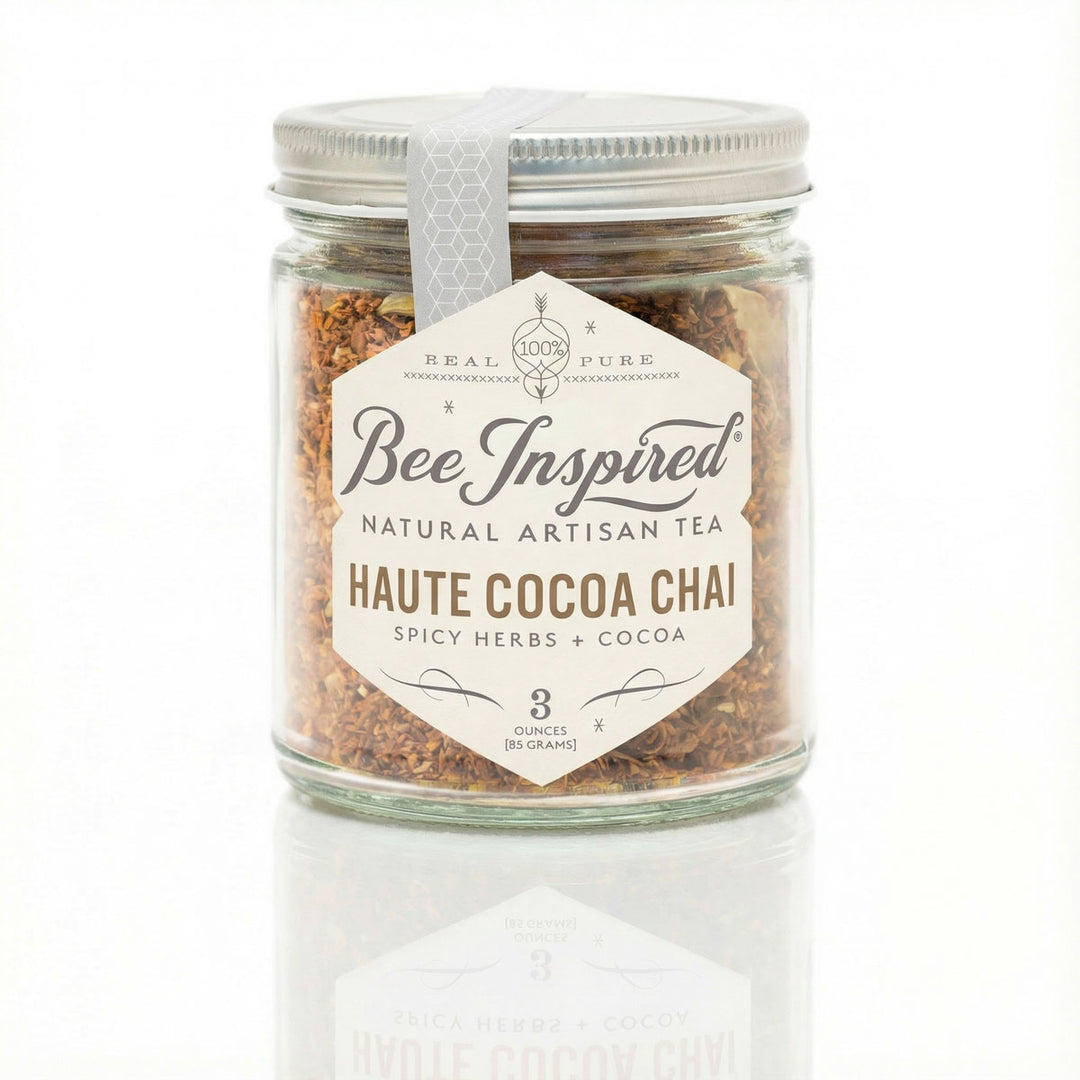 Jar of 'Bee Inspired' haute cocoa chai on a white background