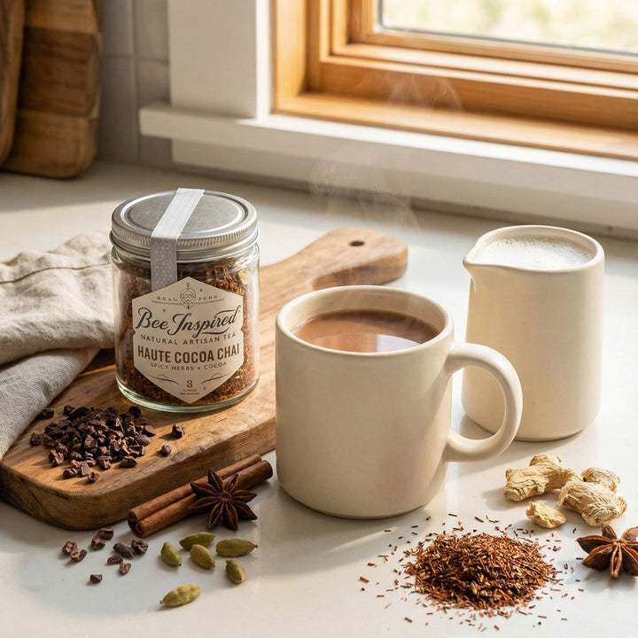 Cup of haute cocoa chai tea warm milk and spices on a table near a window on a wood board
