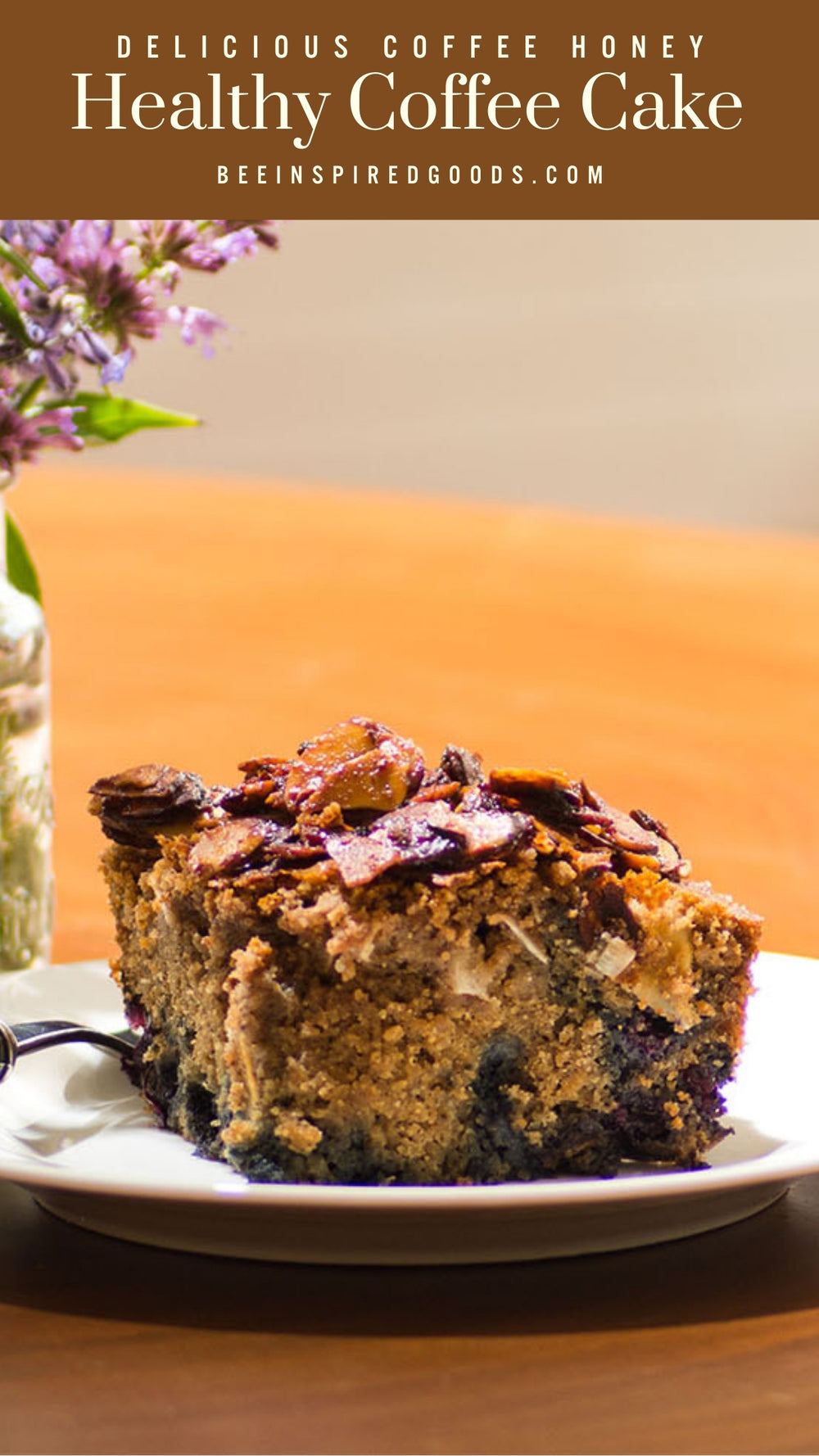 Slice of healthy coffee cake on a plate with a blurred background