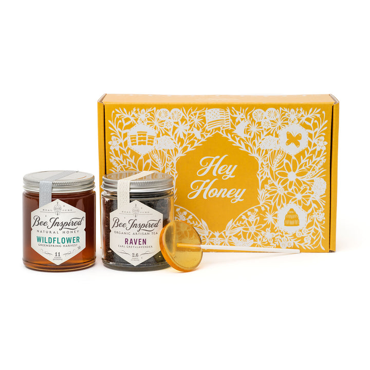 Hey Honey gift set with Raven tea, Wildflower honey, and honey lollipop from Bee Inspired Honey House in Owings Mills against white 