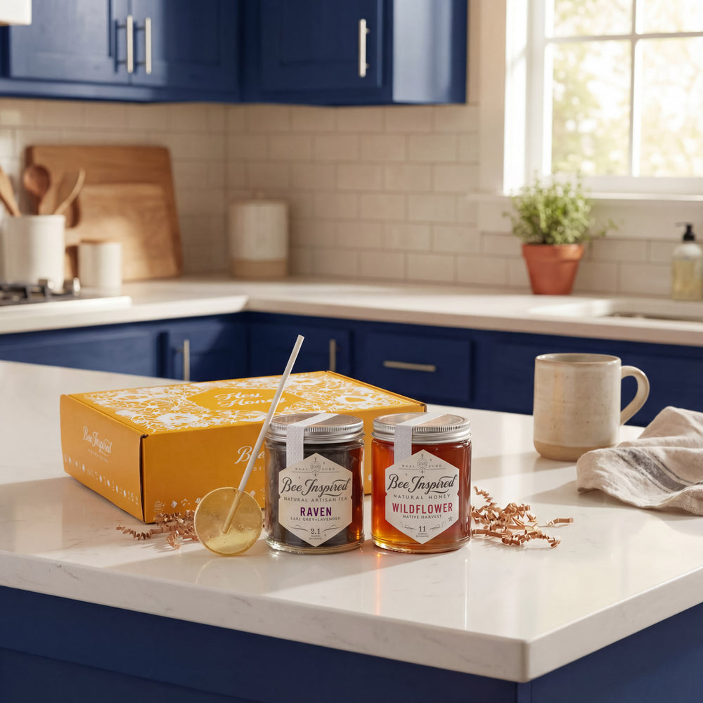 Two jars on a kitchen counter, featuring a box and a mug.