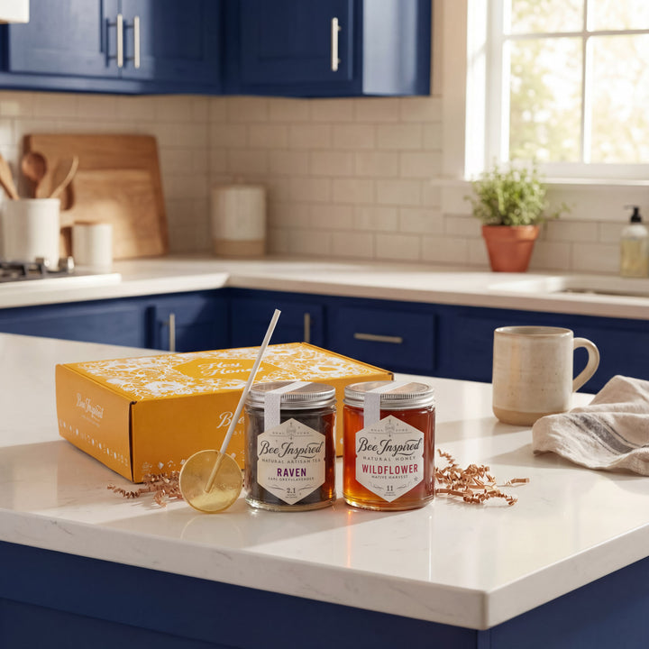 Two jars on a kitchen counter, featuring a box and a mug.