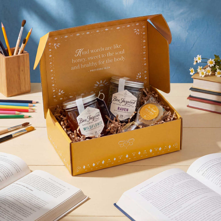 Gift box with honey jars and a cookie on a wooden table with books and stationery.