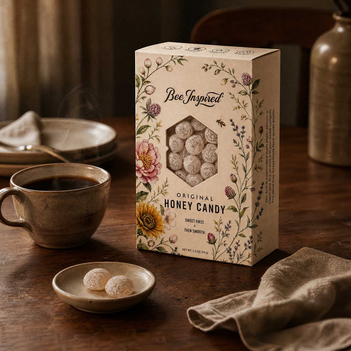 A box of Bee Inspired Original Honey Candy sits on a wooden table beside a cup of coffee, a small dish with two candy pieces, and a cloth napkin in a warm, styled setting.