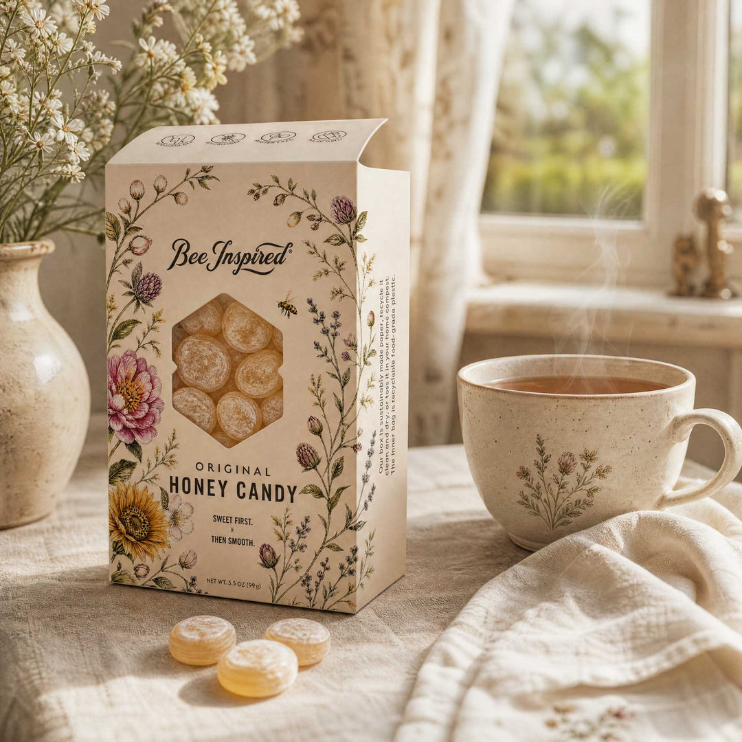 A box of Bee Inspired Original Honey Candy sits on a table beside a ceramic mug of tea, with dried flowers and a window in the background. The box is cream-colored with floral illustrations and a clear window showing round honeycomb candies inside.