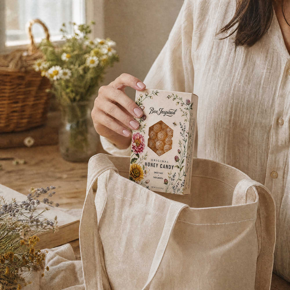 A person in a cream linen shirt holds a box of Ben Jorynald Organic Honey Candy above a beige canvas tote bag, with a rustic wooden table, dried flowers, and a wicker basket in the background.