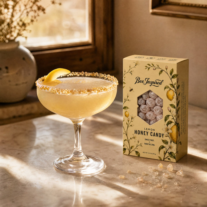 A boxed box of Bee Inspired Lemon Honey Candy sits next to a coupe glass filled with a pale yellow cocktail rimmed with crushed candy, on a sunlit stone surface.