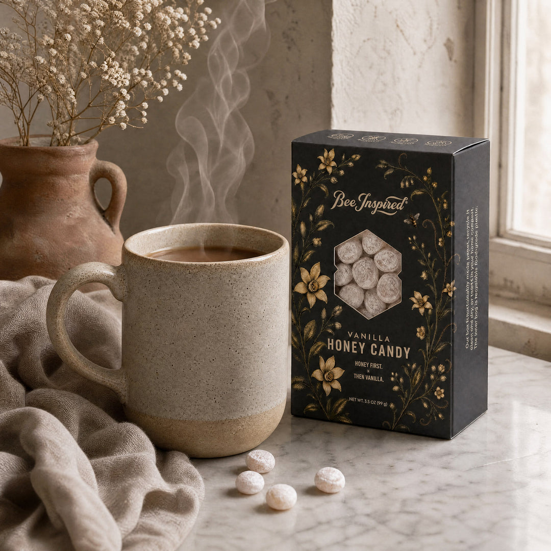 A box of Bee Inspired Vanilla Honey Candy stands on a marble surface beside a speckled ceramic mug filled with a steaming drink, with dried flowers and a textured wall in the background.