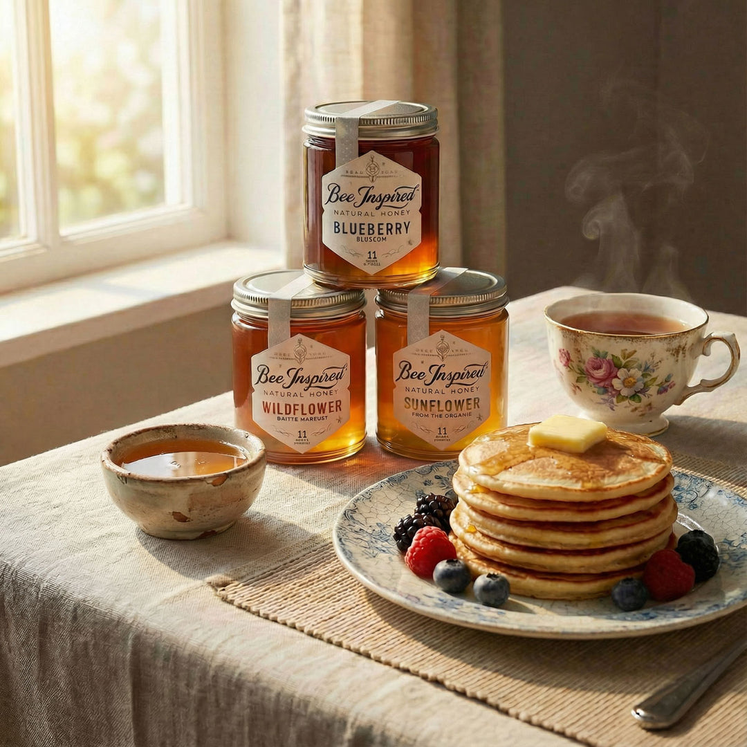 Three jars of 'Bee Inspired' honey on a table with pancakes and berries.