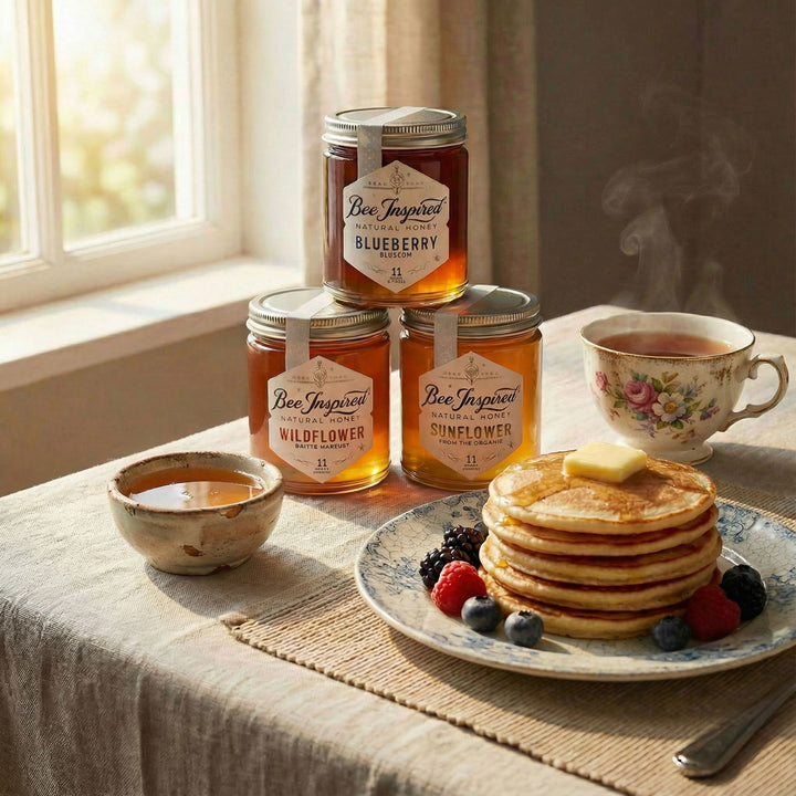 Three jars of 'Bee Inspired' honey on a table with pancakes and berries.
