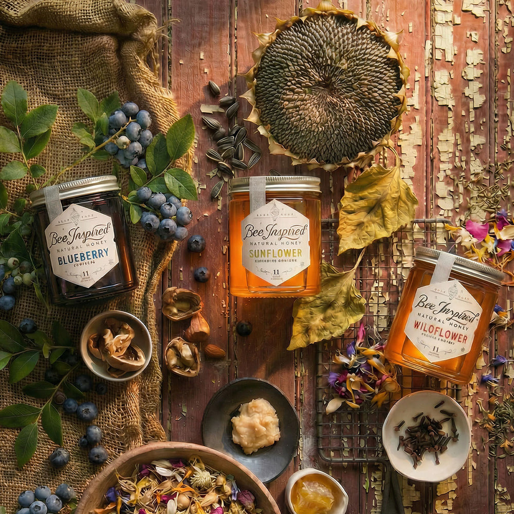 Honey Explorer's Set on a rustic wooden surface with botanical elements.