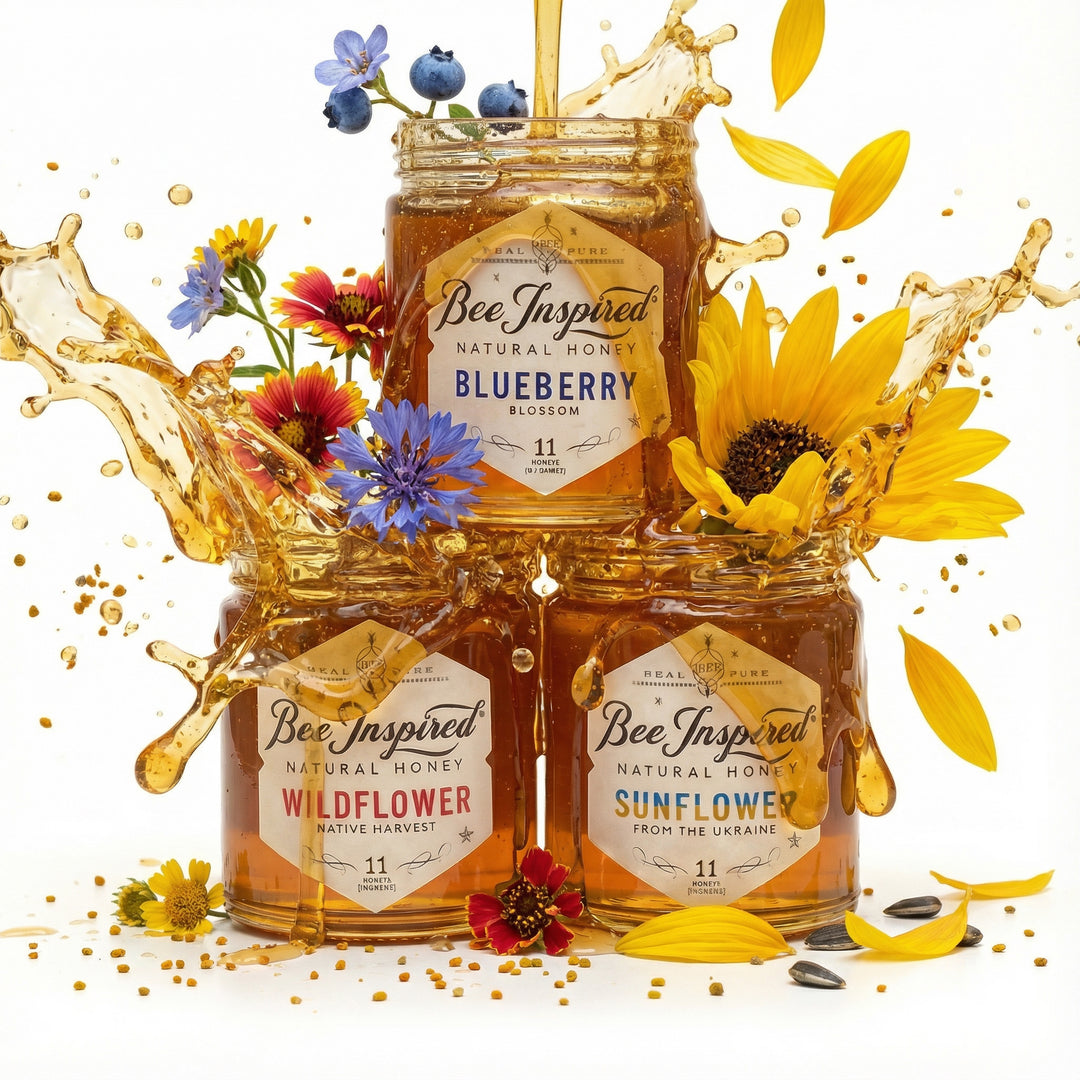 Bee Inspired Honey Explorers Set with splashing honey and floral elements on a white background

