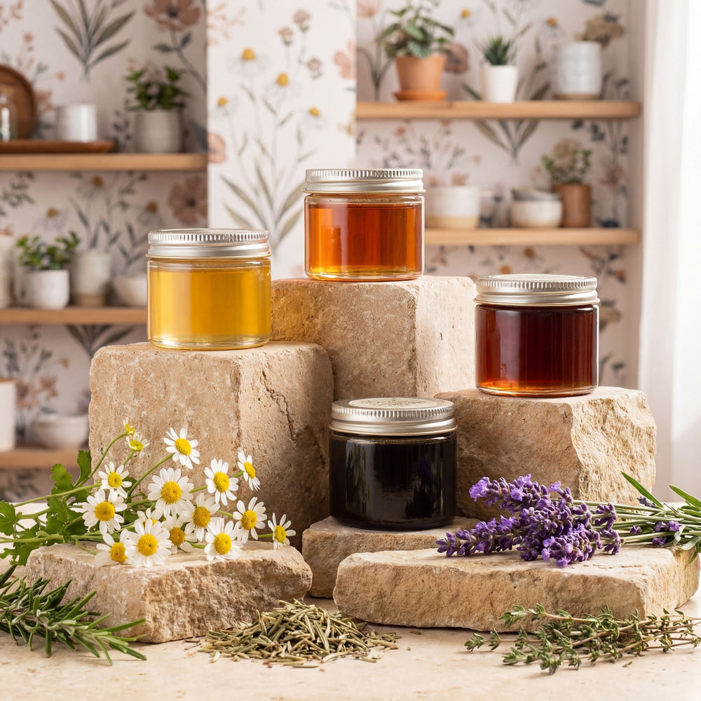 Jars of honey on stone steps with flowers and herbs in a homey setting