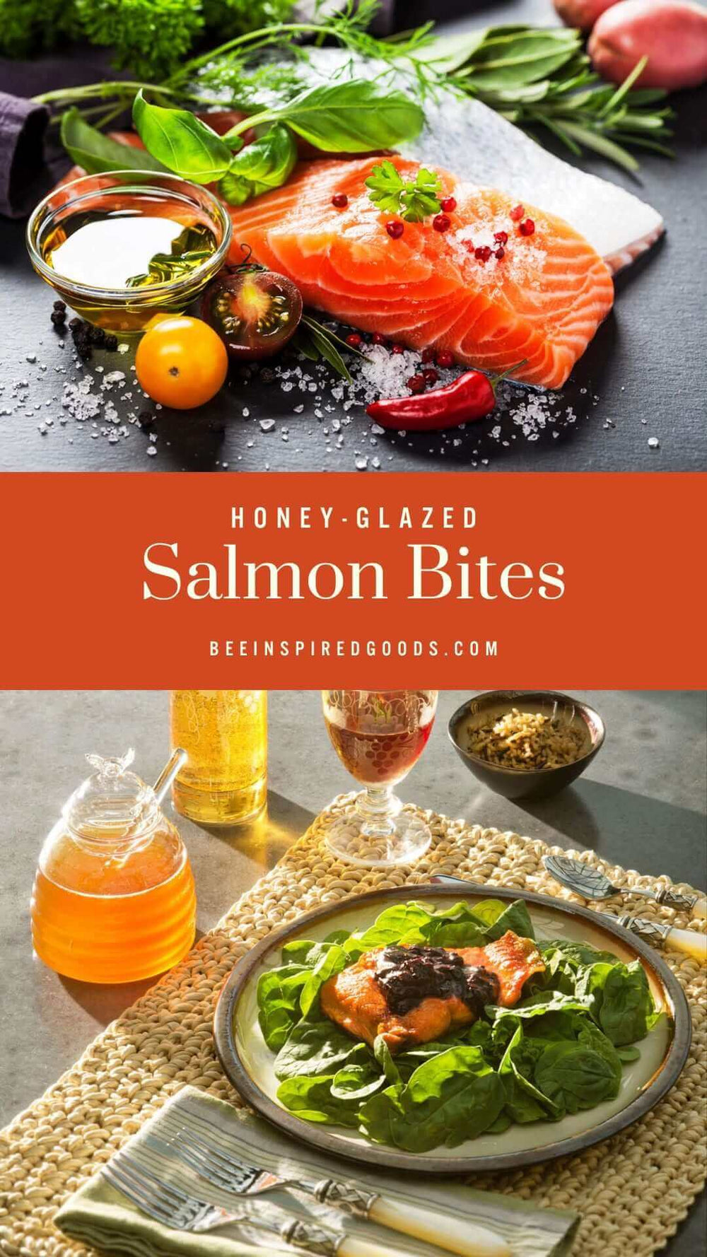 "Honey-Glazed Salmon Bites beeinspiredgoods.com"