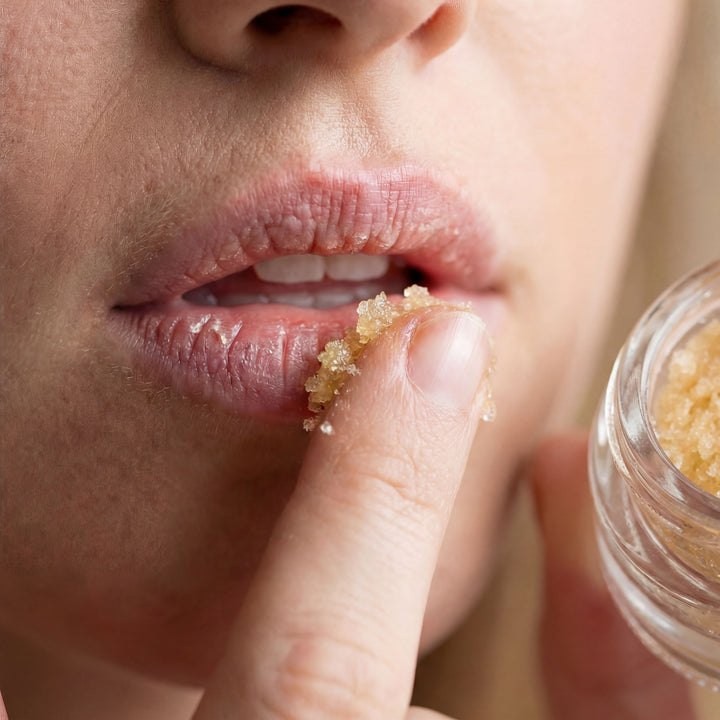 Person applying a lip scrub to their lips with a small jar of scrub in the background.