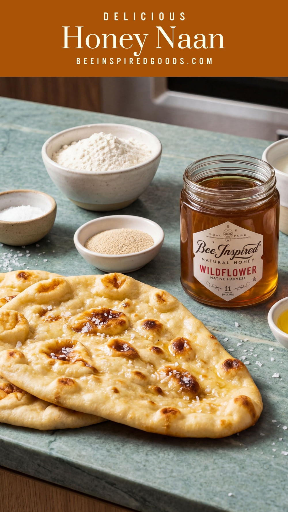 Honey naan with a jar of honey on a table, featuring 'Bee Inspired' Wildflower Honey.