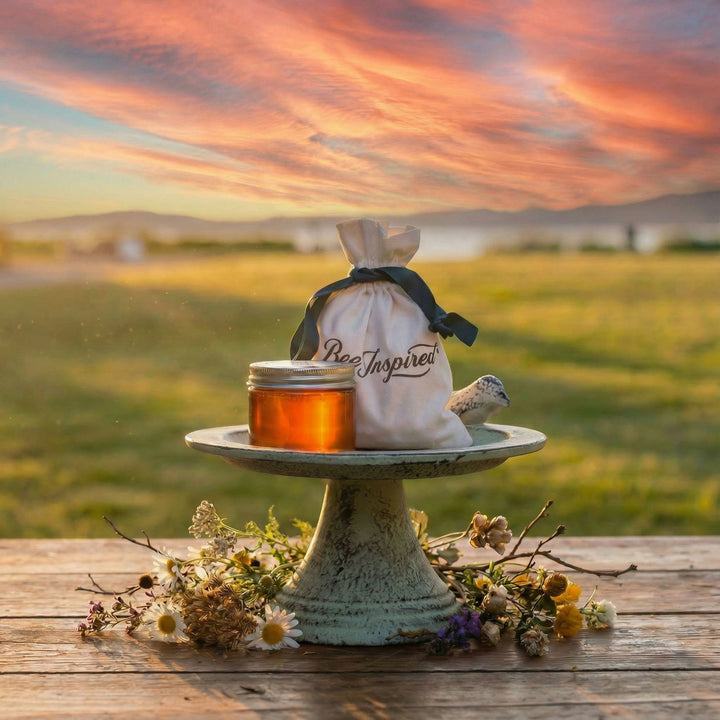 honey party favor in bag labeled 'Ree Inspired' on mini birdbath on wooden surface with a scenic background.

