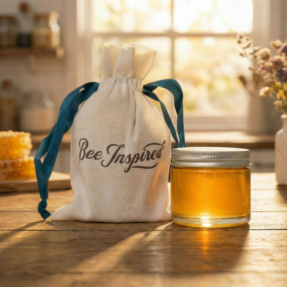 Honey  Party Favor with a 'Bee Inspired' drawstring bag in a farmhouse kitchen