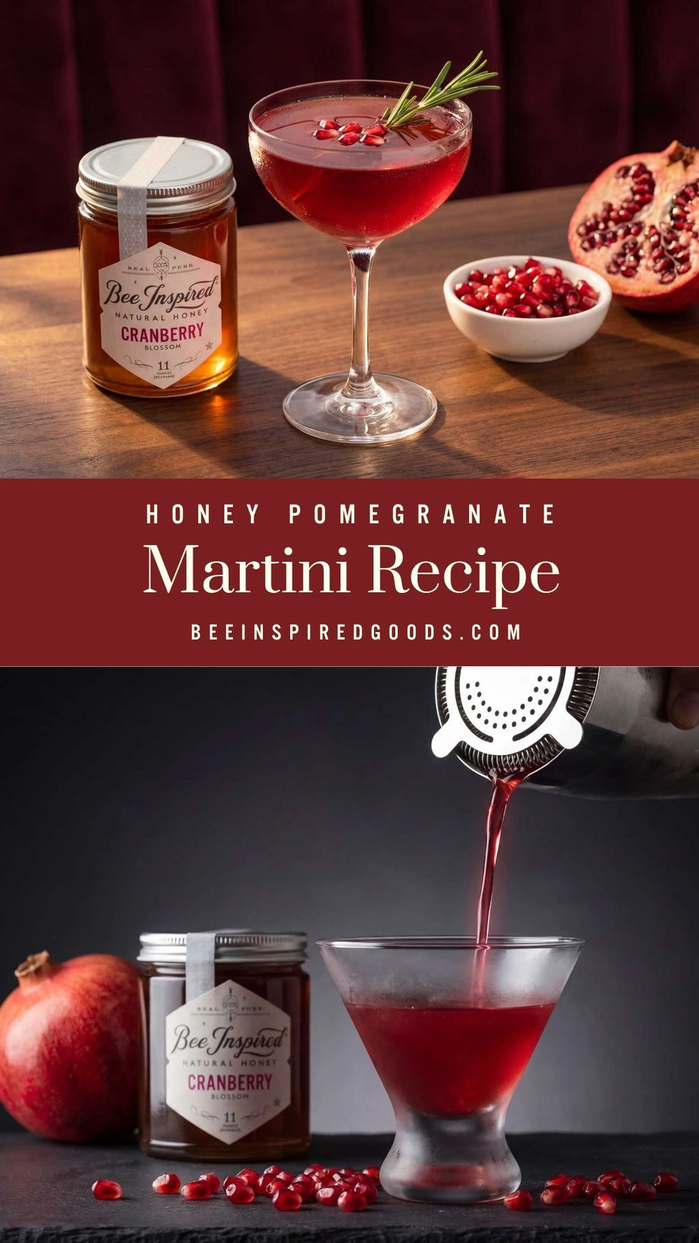 Honey Pomegranate Martini Recipe with ingredients and a glass of cocktail on a wooden surface.