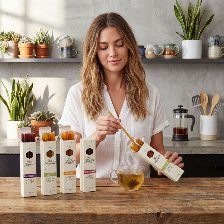 Woman in a kitchen setting with tea packaging and a glass of tea.
