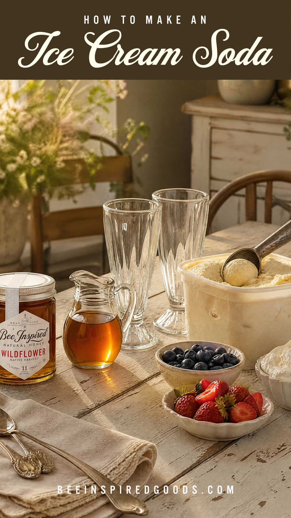 Table setting with ice cream, berries, and syrup for making an ice cream soda, with a rustic background.