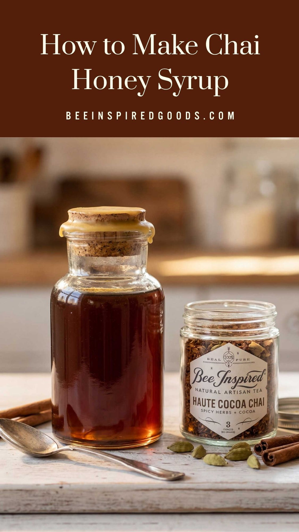 Bottle of honey syrup and jar of chai on a wooden surface with text overlay about making chai honey syrup.