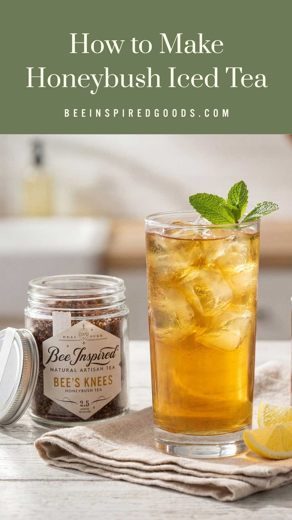 Honeybush iced tea with a jar of tea leaves on a wooden surface, featuring the brand 'Bee Inspired Goods'.