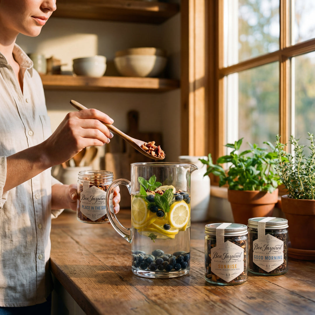 Person preparing a drink with jars and a pitcher on a wooden table, natural light coming through a window.