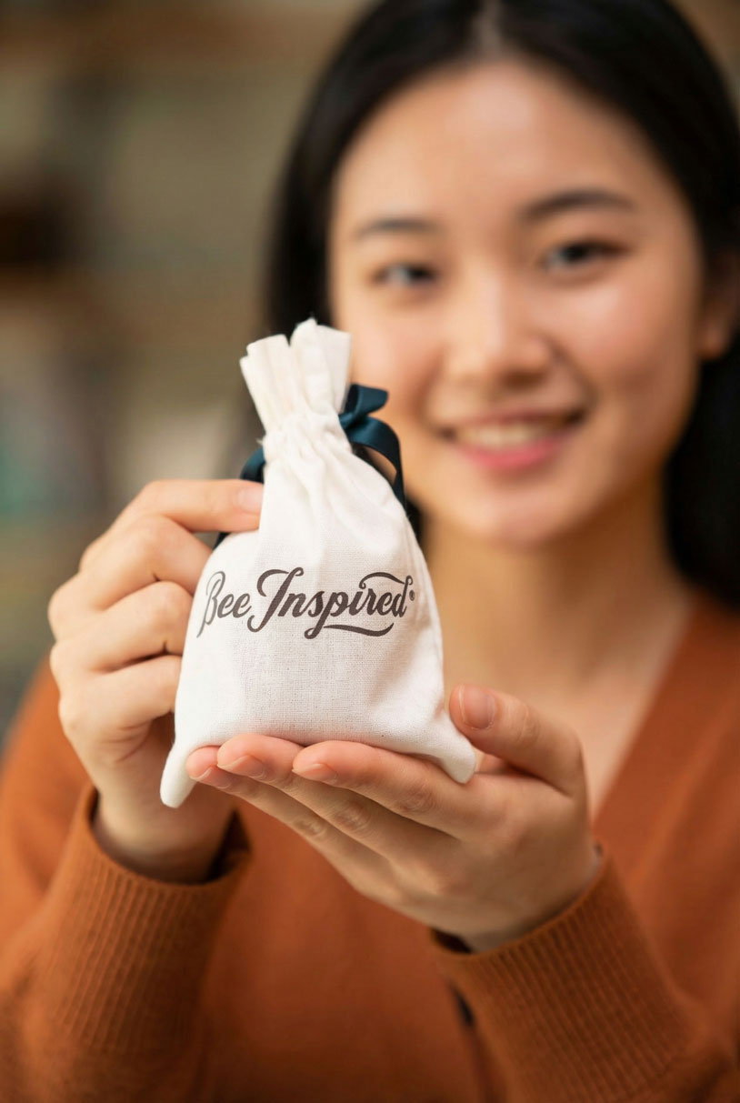 Woman holding a white drawstring bag with 'Bee Inspired' text.
