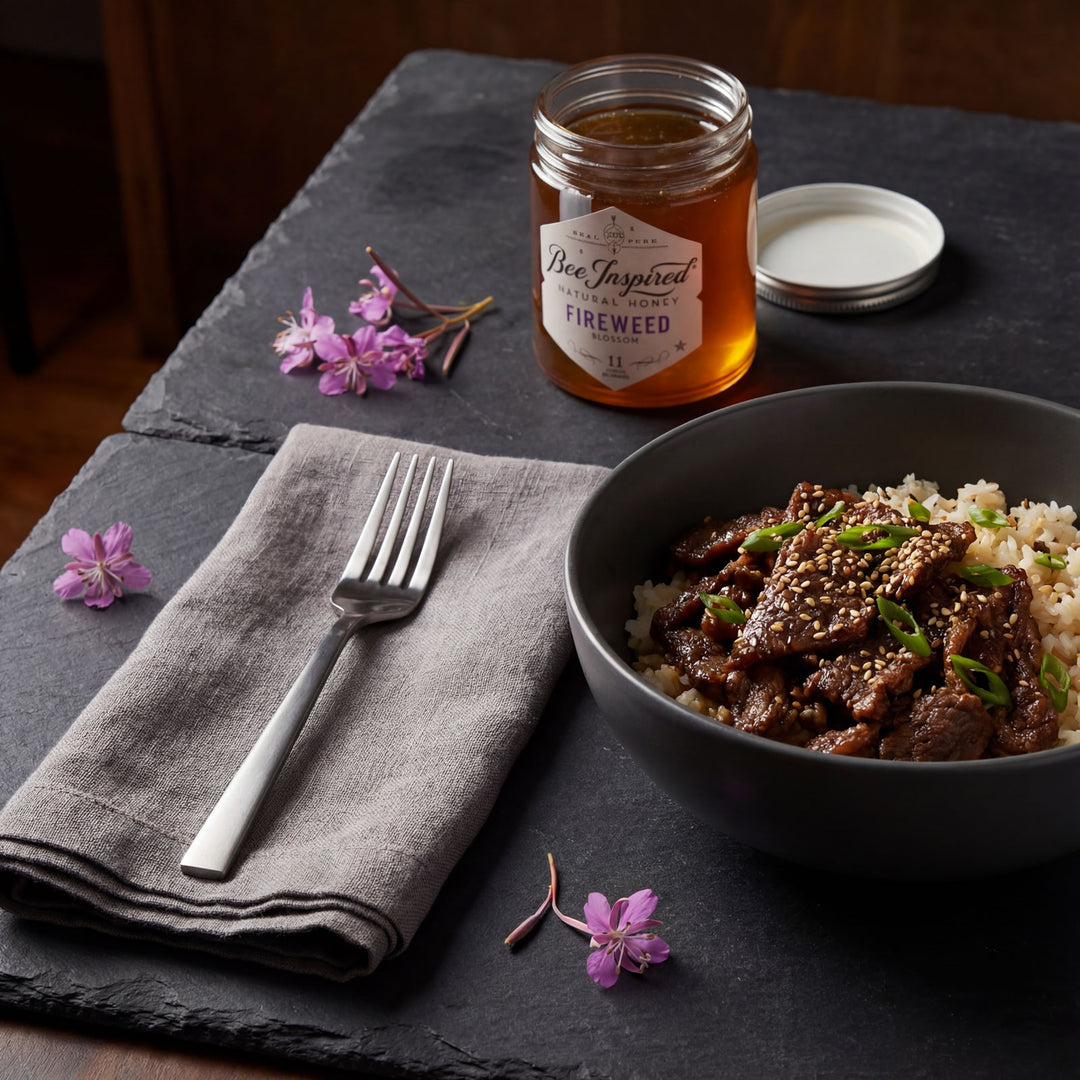 Bowl of food with a jar of honey on a dark surface with flowers and a fork.