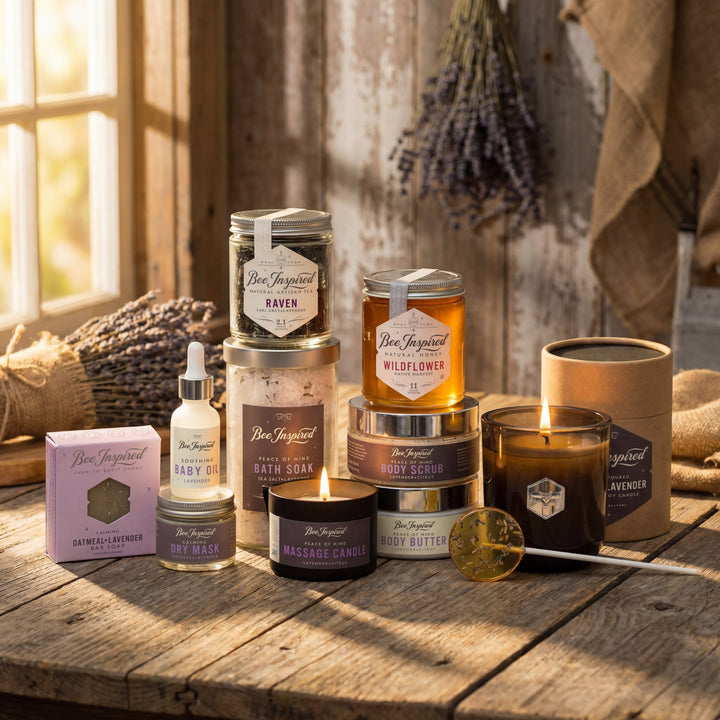 Collection of Bee & Honey products on a wooden surface with a rustic background.