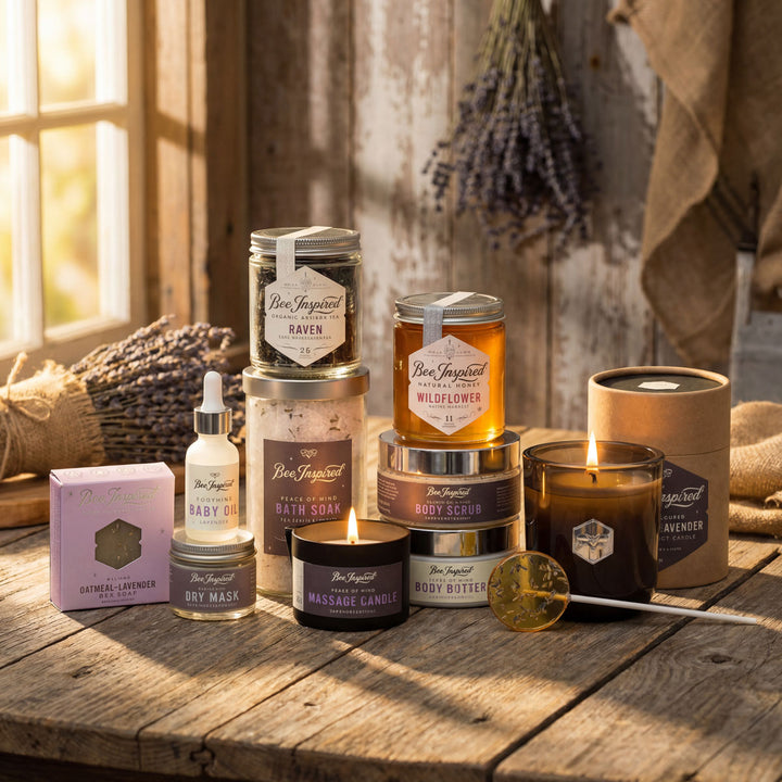 Collection of Bee & Honey products on a wooden surface with a rustic background.