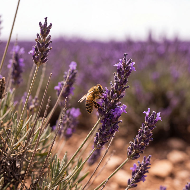 macro of bee on spanish lavender