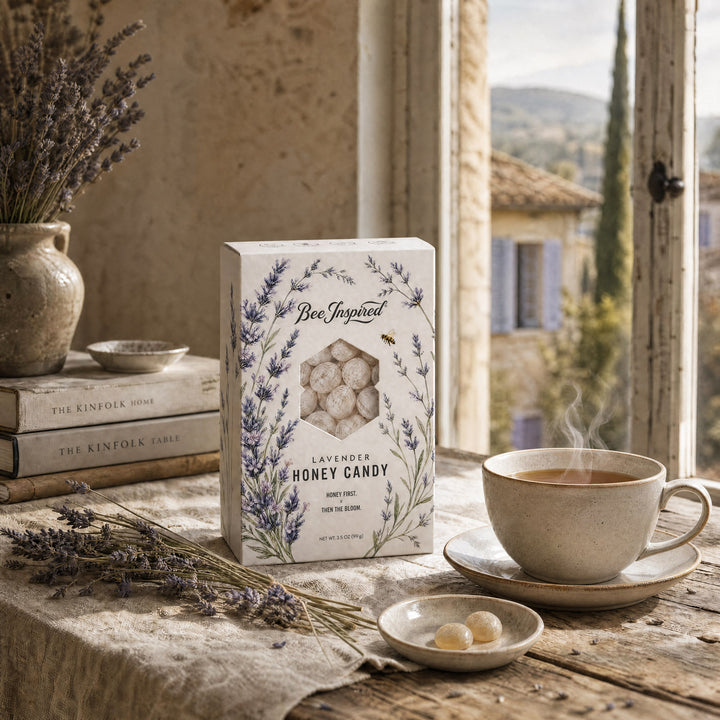A box of Bee Inspired Lavender Honey Candy on a rustic table beside a cup of tea, lavender sprigs, and a dish with two candy pieces. The scene is set in a warm, sunlit room with a window showing a hillside view.