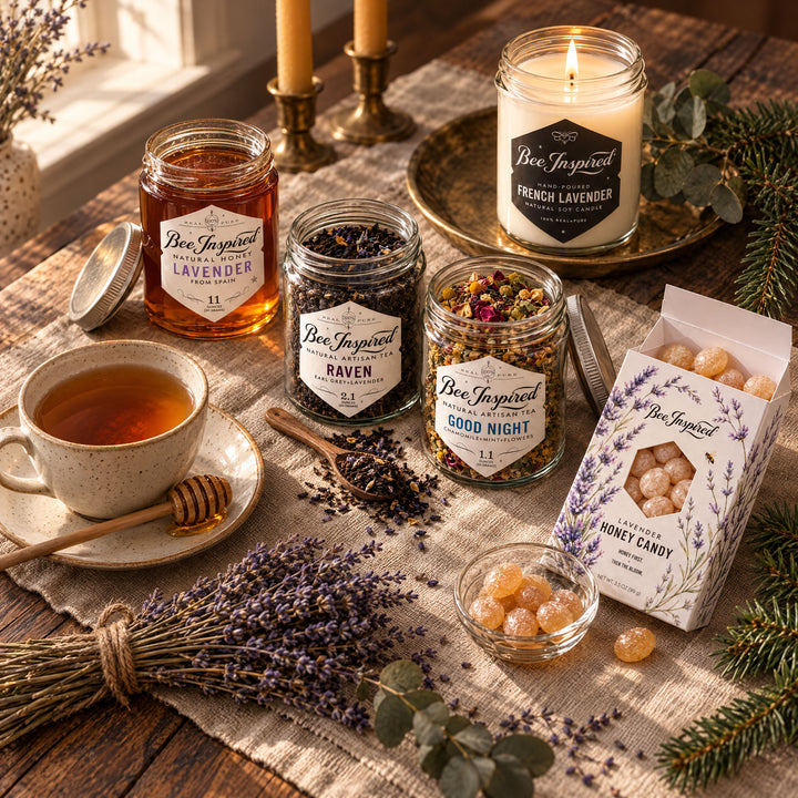 lavneder hour gift with lavender honey, good night tea, raven tea, lavender honey candy and a french lavender candle on table