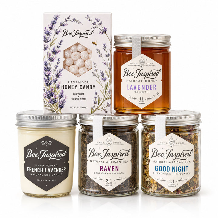 lavender hour gift with lavender honey candy, lavender honey, french lavender jelly jar candle, raven tea and good night tea