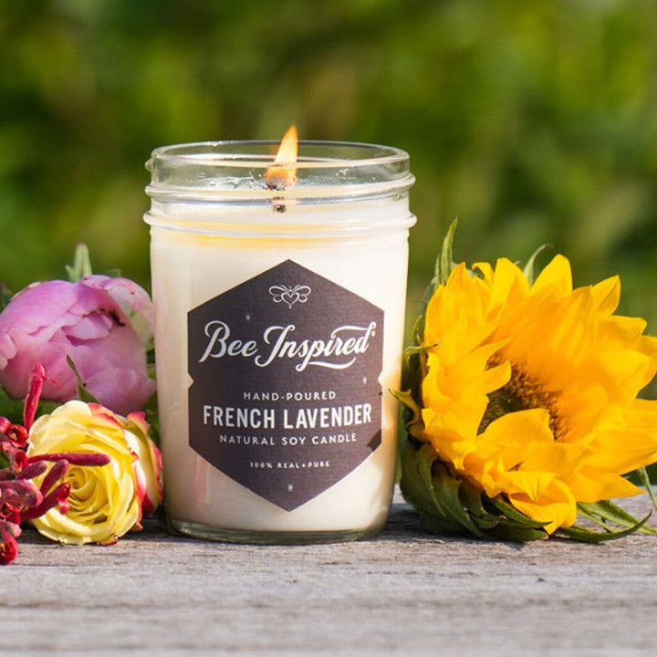 French lavender soy jelly jar candle with summer flowers