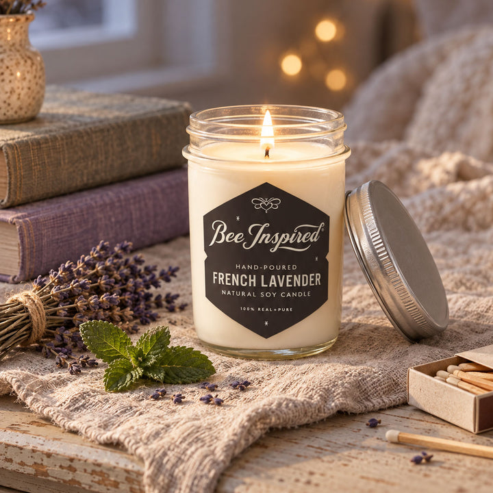 A lit jar candle labeled &