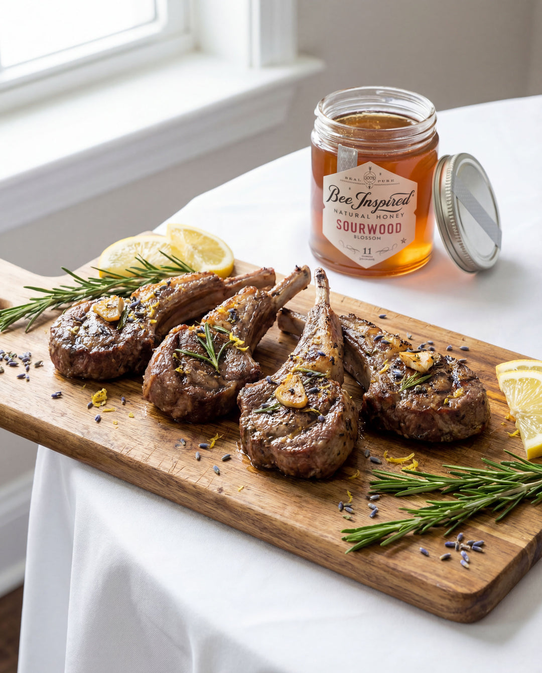 Wooden cutting board with roasted lamb chops, lemon wedges, and a jar of honey on a white table.