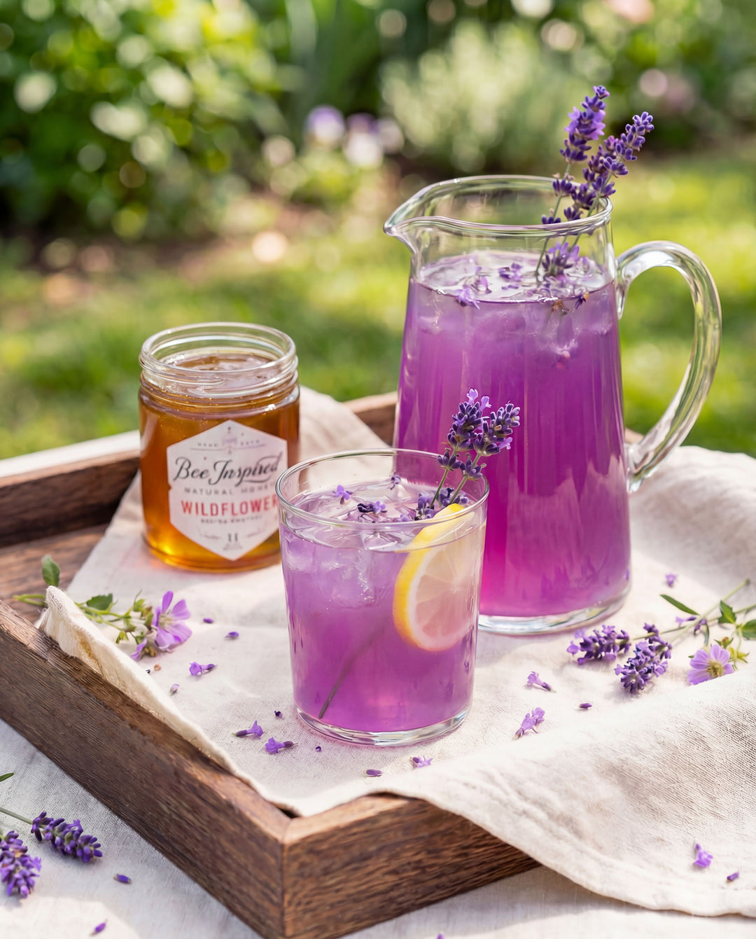 Purple lavender lemonade in a pitcher and glasses with honey on a wooden tray outdoors.