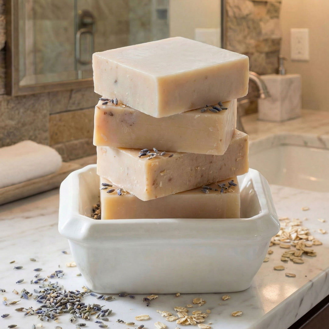 Stack of soap bars with lavender and oats on a marble surface in a bathroom setting.