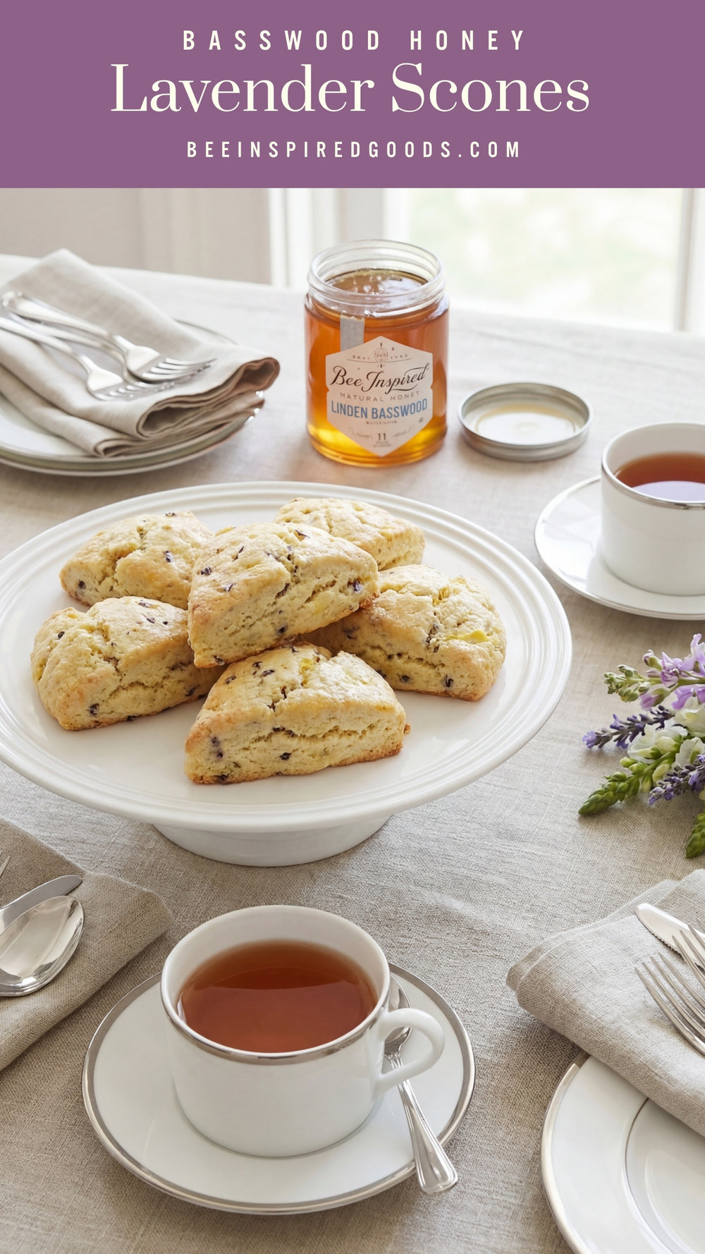 Lavender scones with basswood honey tall pin with scones being served at a tea party
