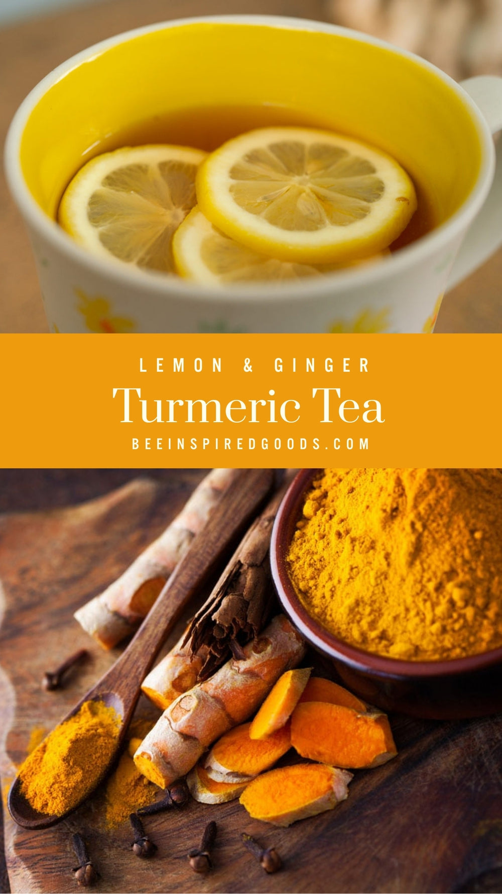 Turmeric tea with lemon and ginger, featuring a bowl of turmeric powder and lemon slices.