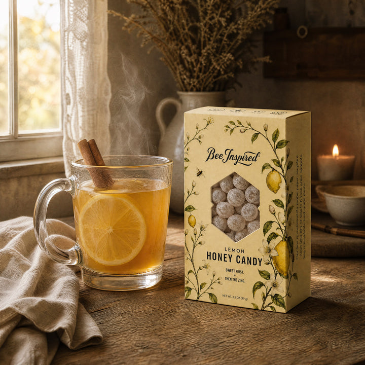 A box of Bee Inspired Lemon Honey Candy stands on a rustic wooden table beside a glass mug filled with hot tea, lemon slices, and a cinnamon stick. A small dish holds two sugar-coated candy pieces, with a softly blurred indoor background including a window, curtain, dried flowers, and a candle.