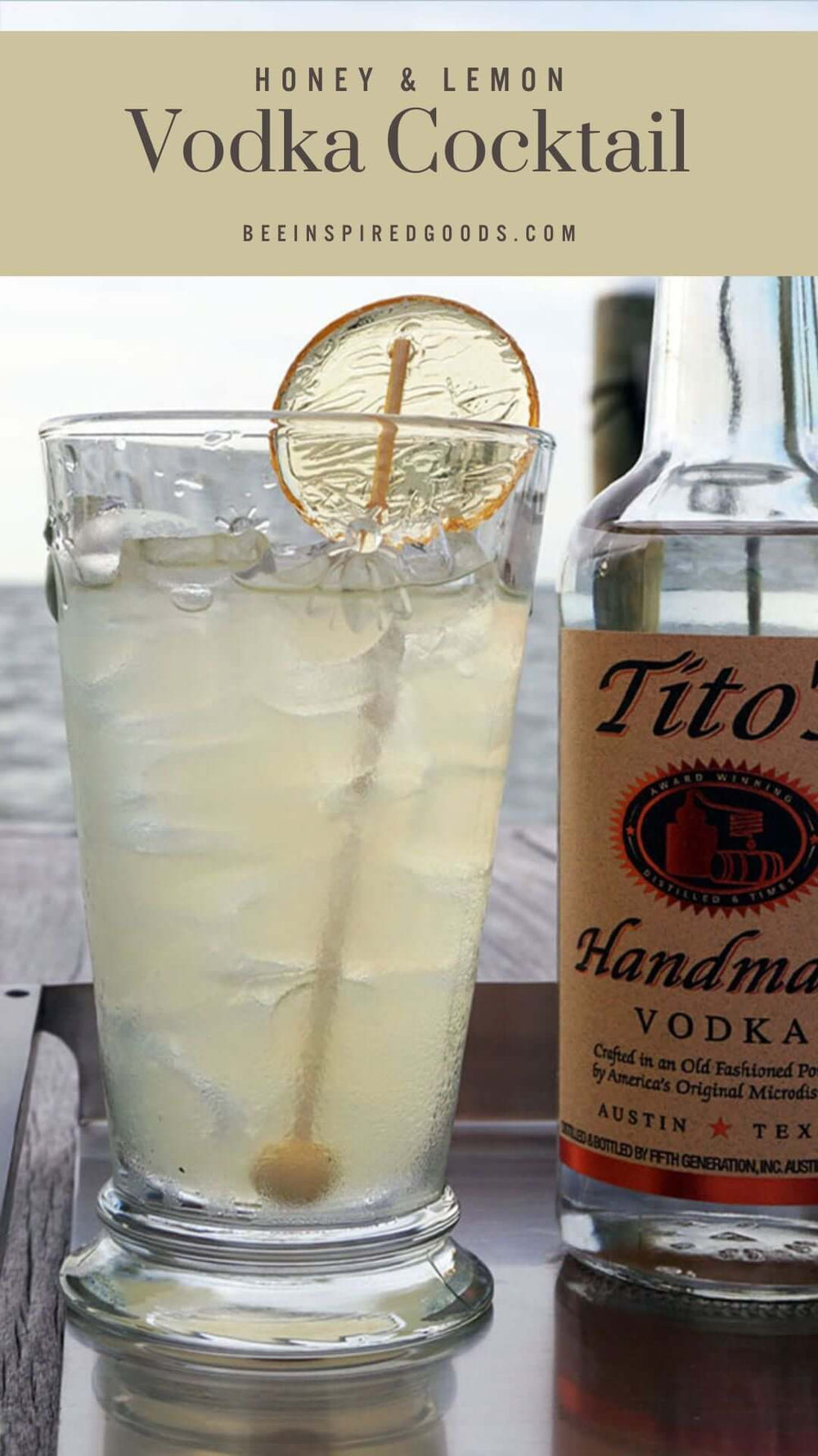 "Honey & lemon vodka cocktail" with a glass of a cocktail and a honey lollipop 