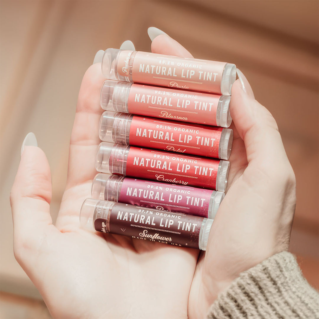 Woman holding six different lip tints from Bee Inspired Honey House In Owings Mills 