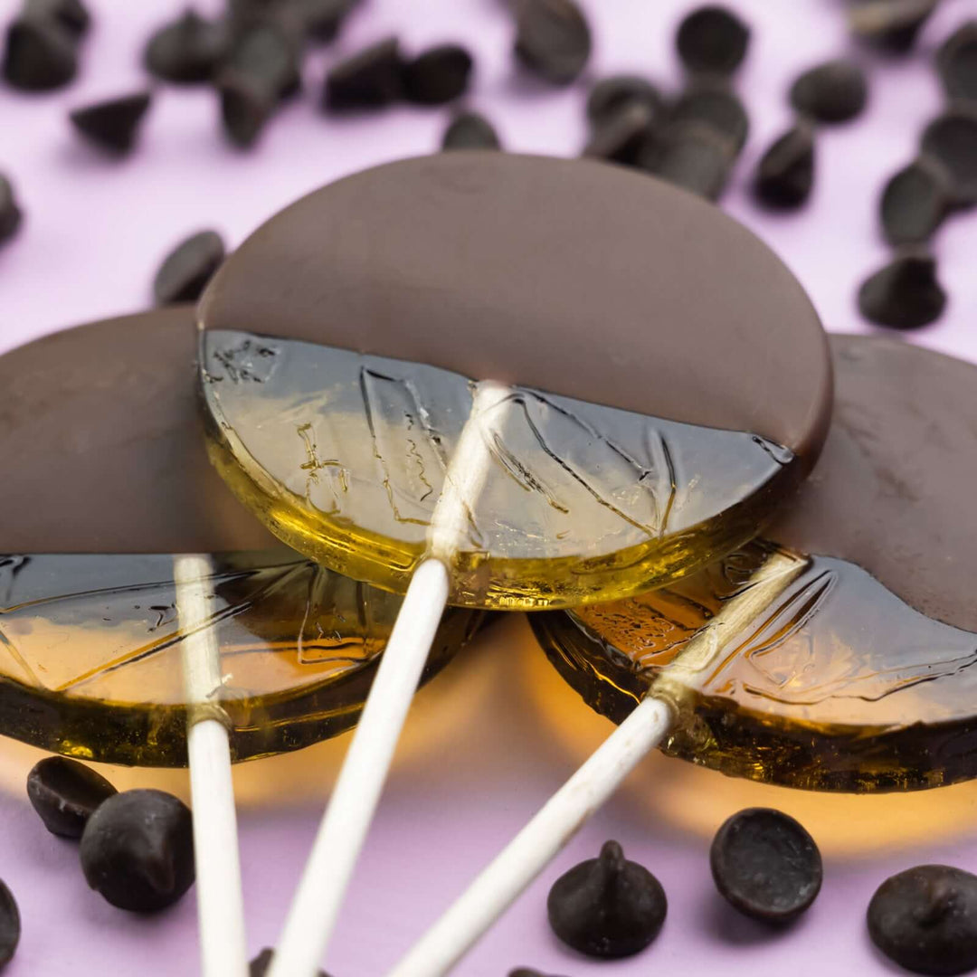 Chocolate-dipped lollipops with chocolate chips 