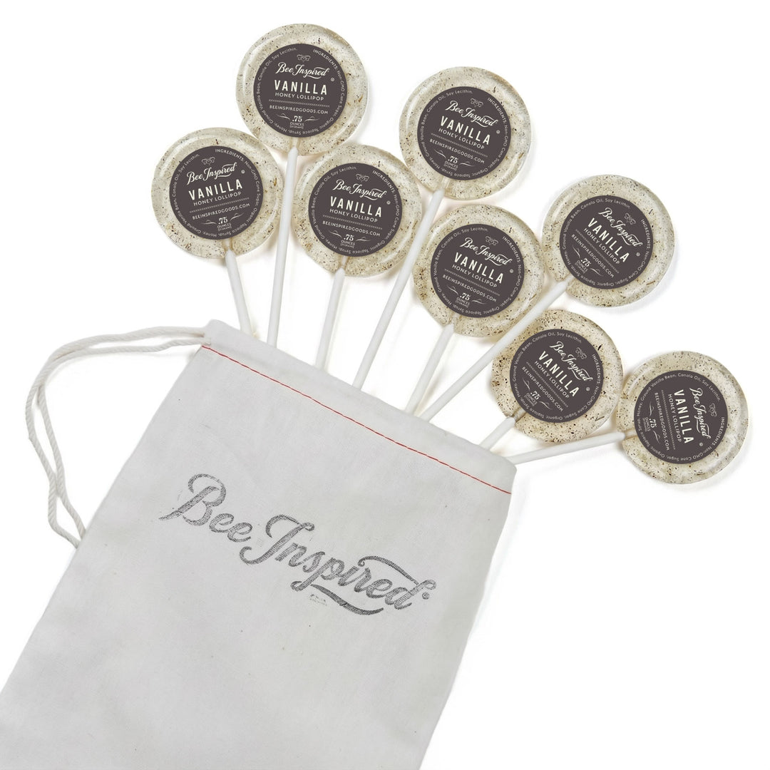 Vanilla-flavored lollipops with 'Bee Inspired' packaging on a white background