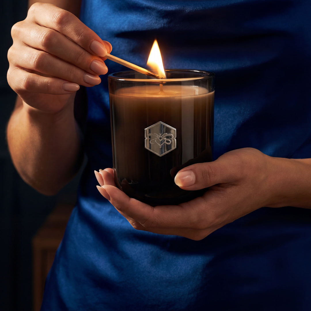 Person lighting a candle with a match, wearing a blue shirt.