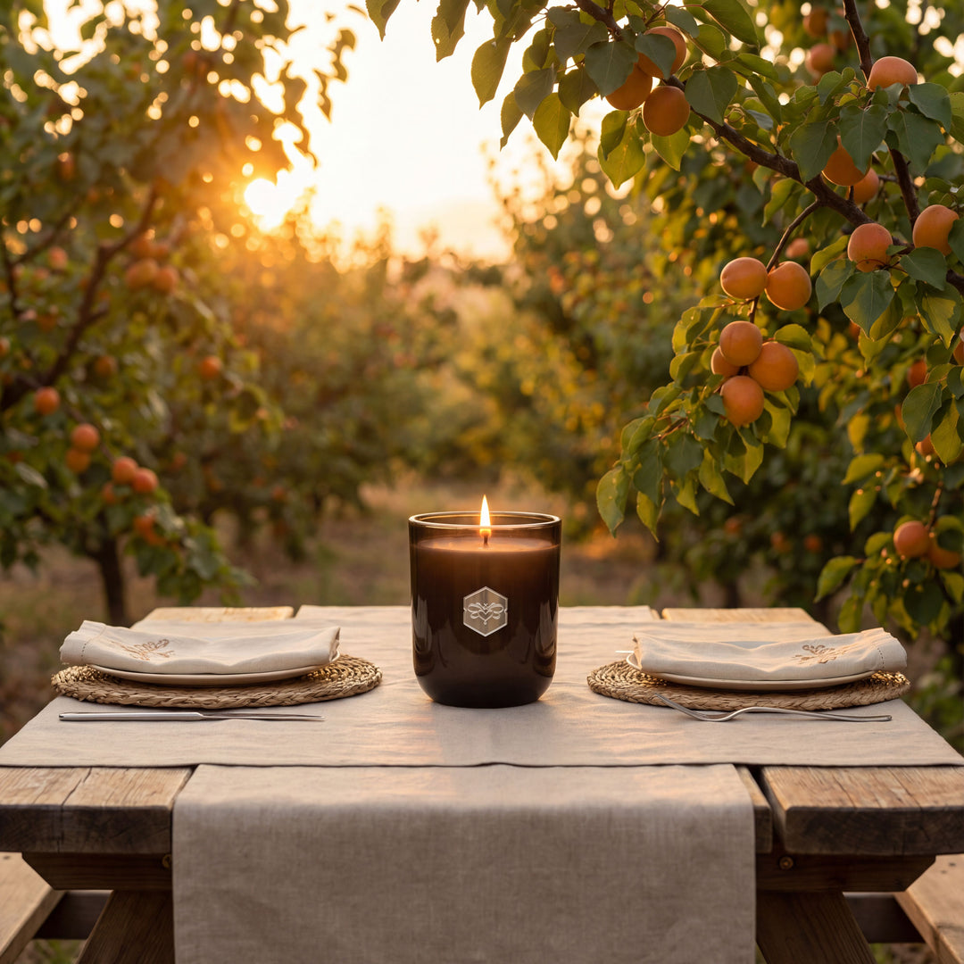 Candle on a table in an orchard with sunset lighting